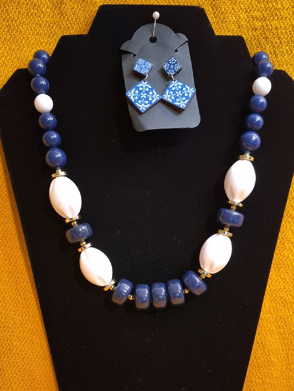 Blue and White Beaded Statement Necklace with Matching Earrings